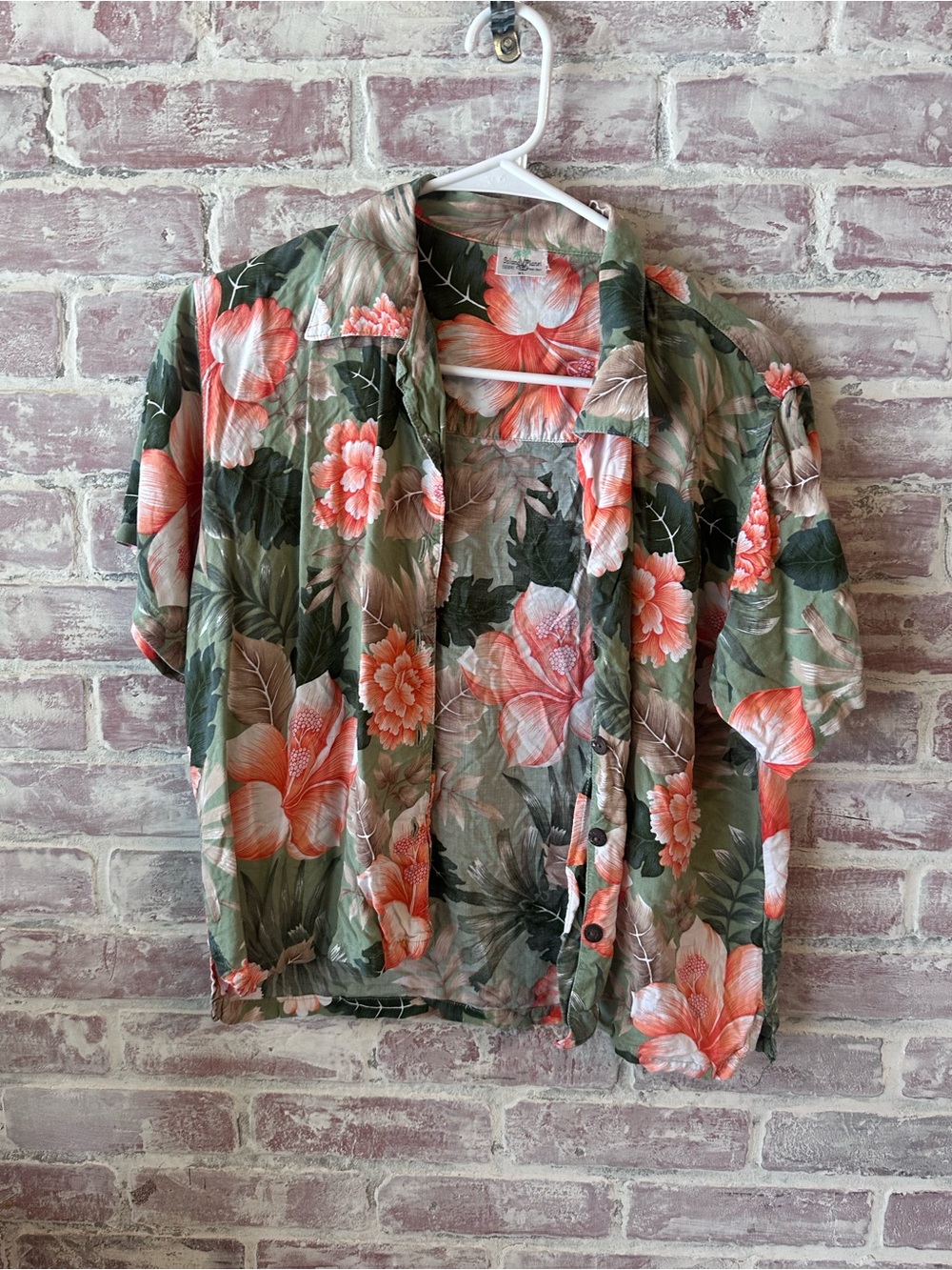 Vintage Button-Down Floral Shirt in Coral and Olive - Women’sw Casual Top